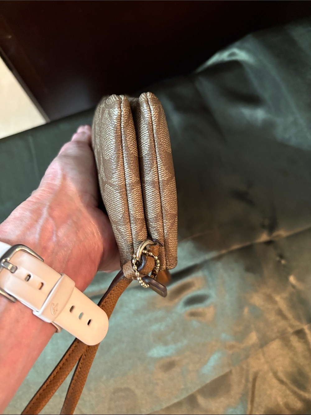 Coach Signature Canvas Double Corner Zip Wristlet in Tan and Brown - Picture 6 of 13